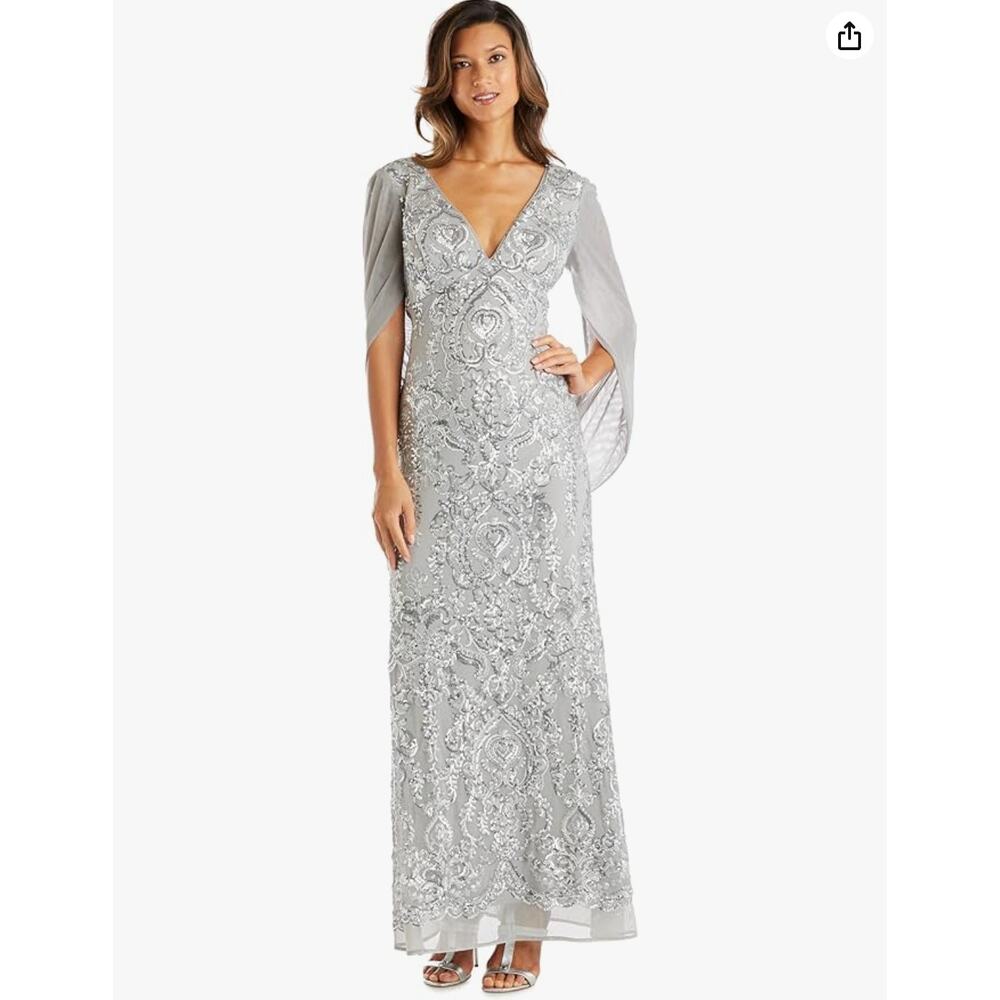 R&M Richards Silver Beaded V-Neck Evening Gown